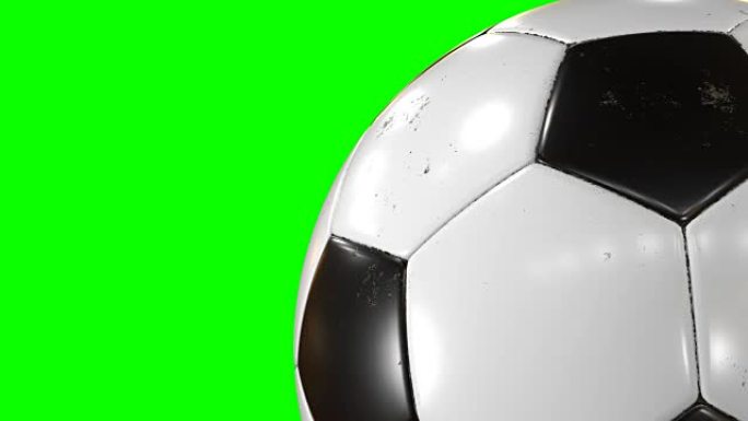 美丽的足球旋转特写镜头在绿色屏幕上慢动作。转球的循环足球3d动画。4k超高清3840x2160。