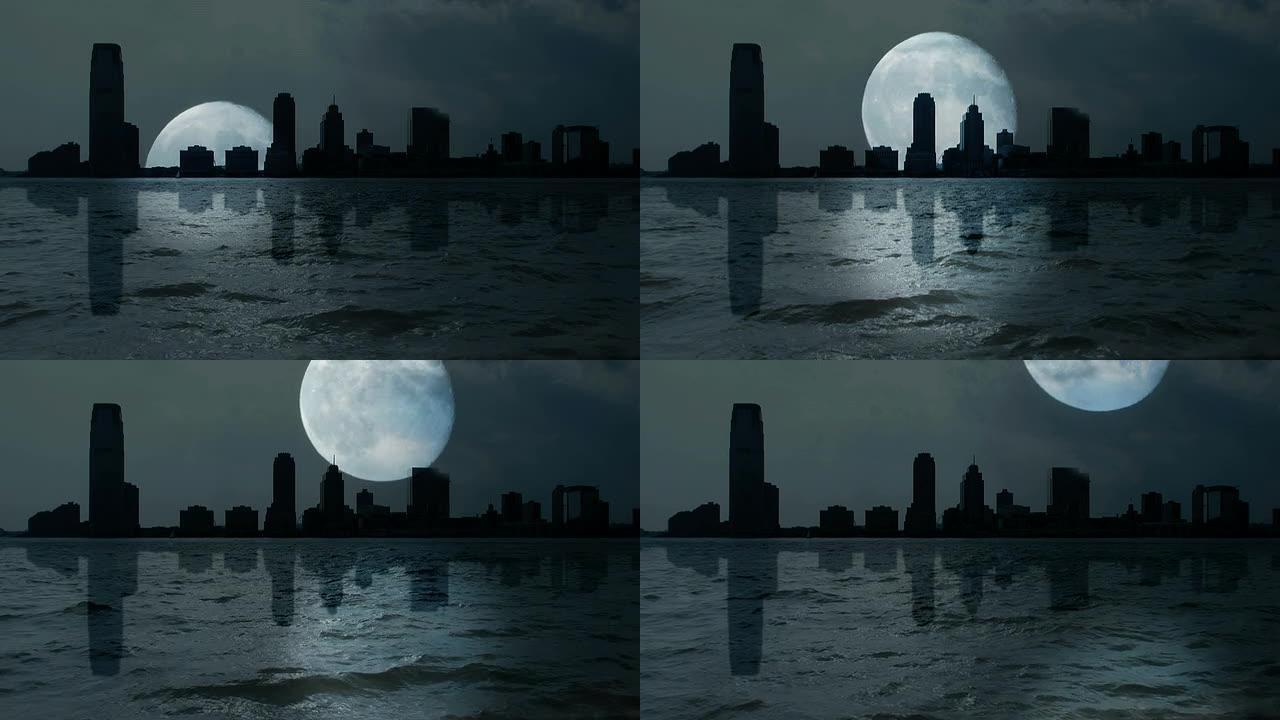 月夜黑暗。城市天际线轮廓。水反射