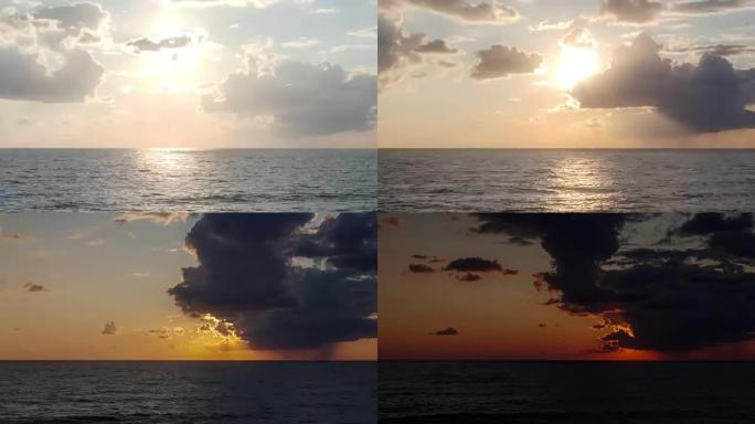 落日在海上的美丽时光流逝，积云