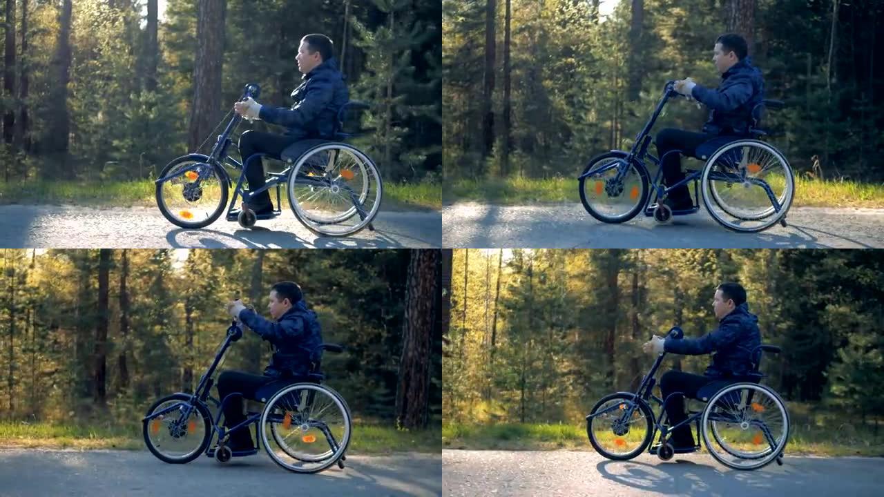 一名残障人士在森林道路上坐轮椅，侧视图。