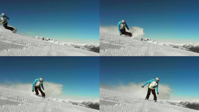 高清超慢动作: 滑雪板在雕刻时喷雪