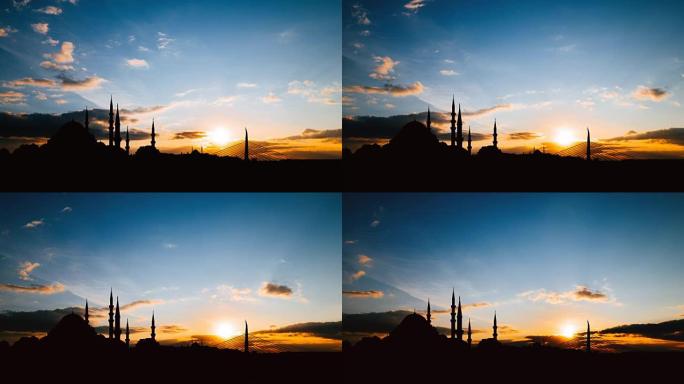 日落时分，伊斯坦布尔城市景观与著名的苏莱曼清真寺