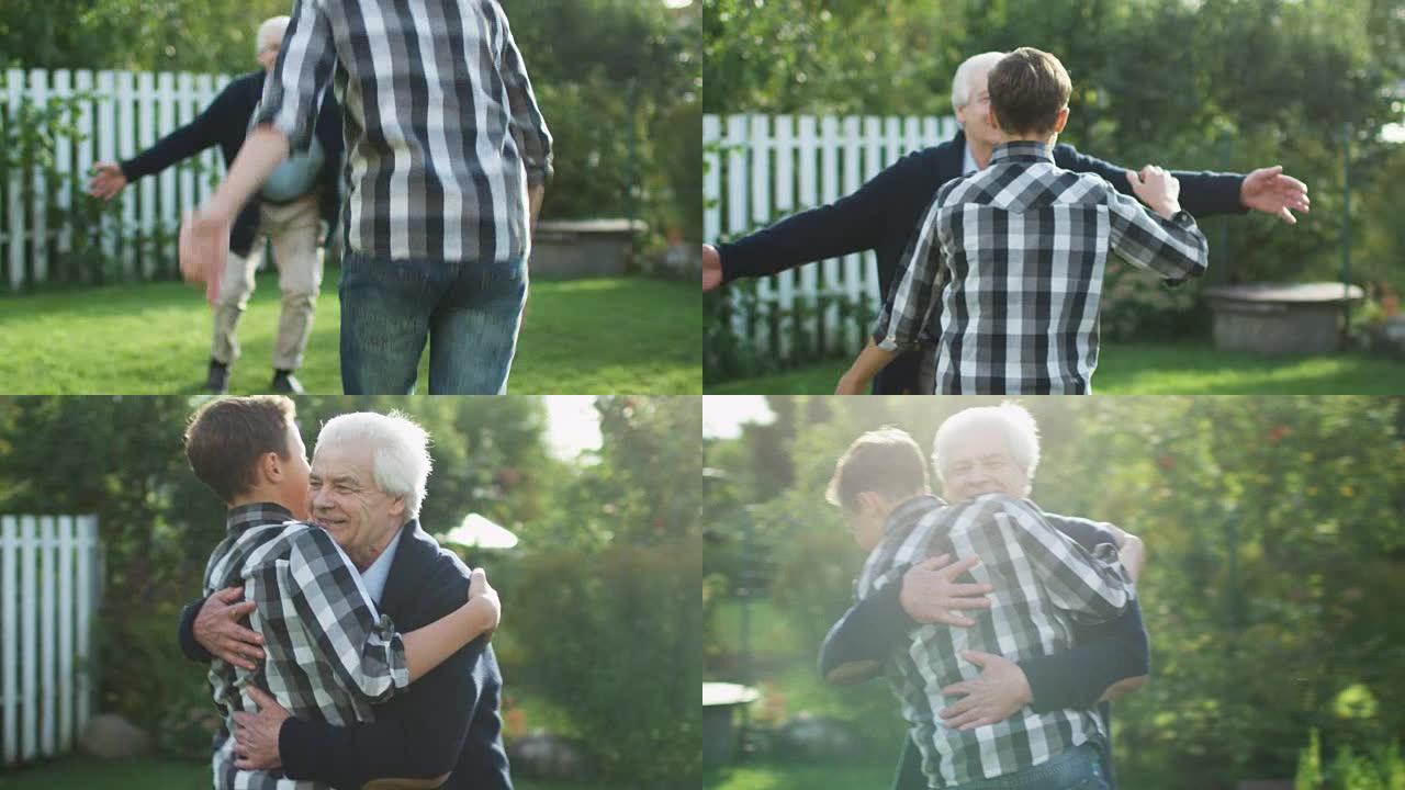 孙子跑向他的祖父，拥抱他