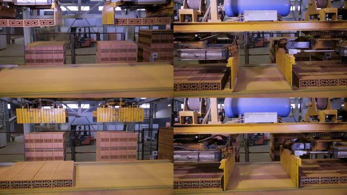 工业机器人输送机在工厂工作，组装货物、砖