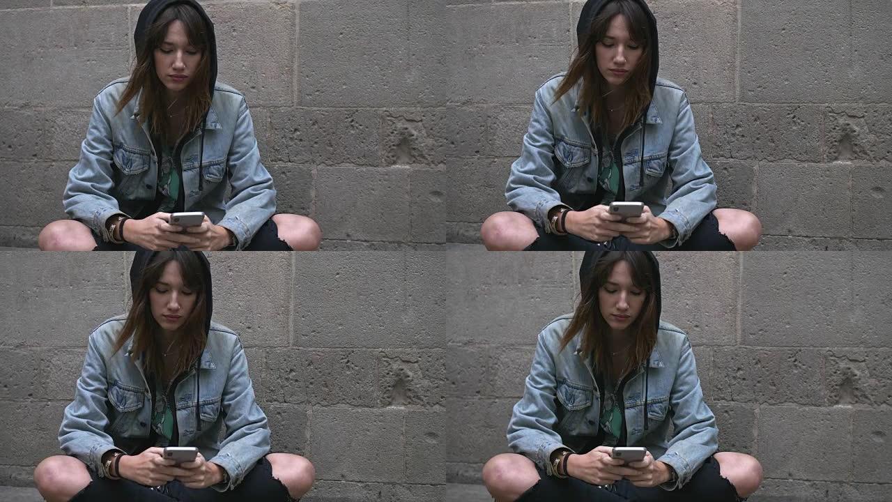 年轻千禧一代女性在手机上输入消息的慢动作视频