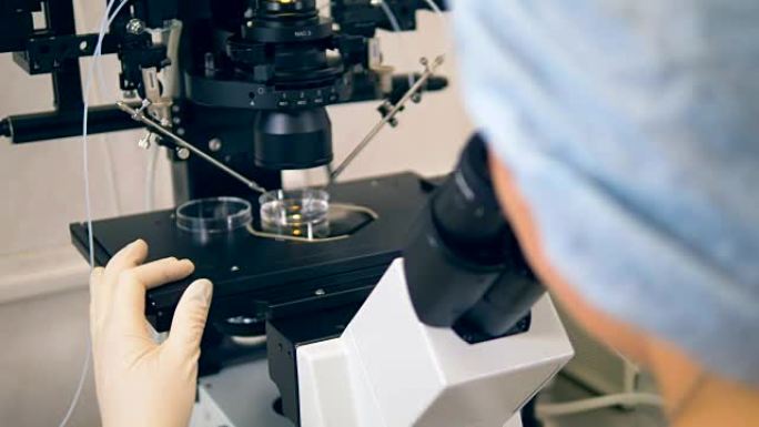 生化实验室的特写科学家。研究人员在实验室用显微镜工作。