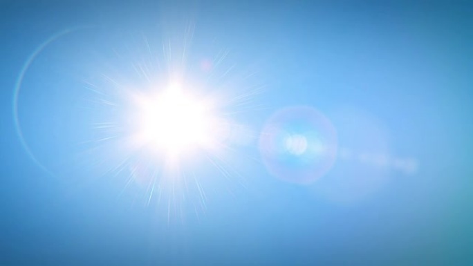 从早到晚，美丽的灿烂阳光照耀着晴朗的蓝天。带照明弹的3d动画。自然和天气概念。
