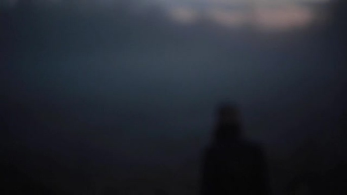 高加索女孩走入雾中的肖像。美丽的神秘女性回头看相机消失