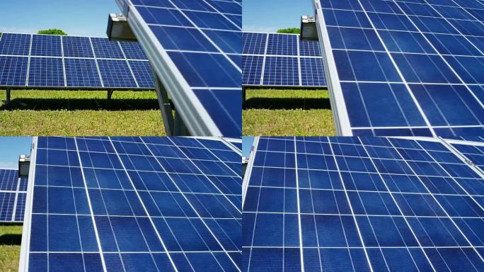 靠近光伏板查看，使用清洁能源，可再生能源。远程支持技术的概念，生物生态，生态，来自阳光的电力，生物能
