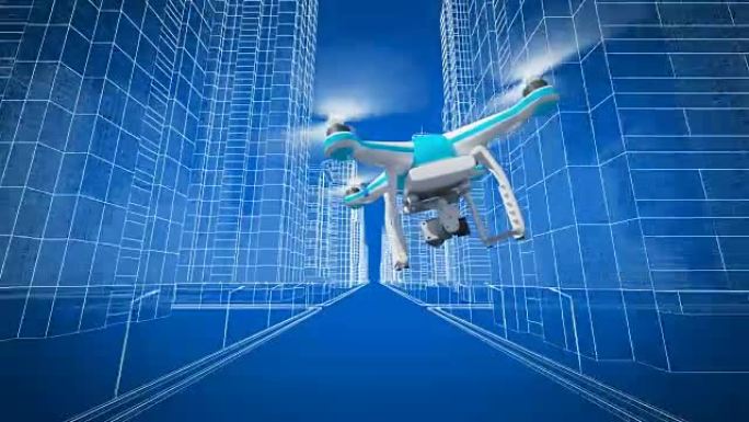 四轴飞行器拍摄视频在高塔和建筑物之间穿越城市街道。循环3d动画蓝色。商业和技术概念。