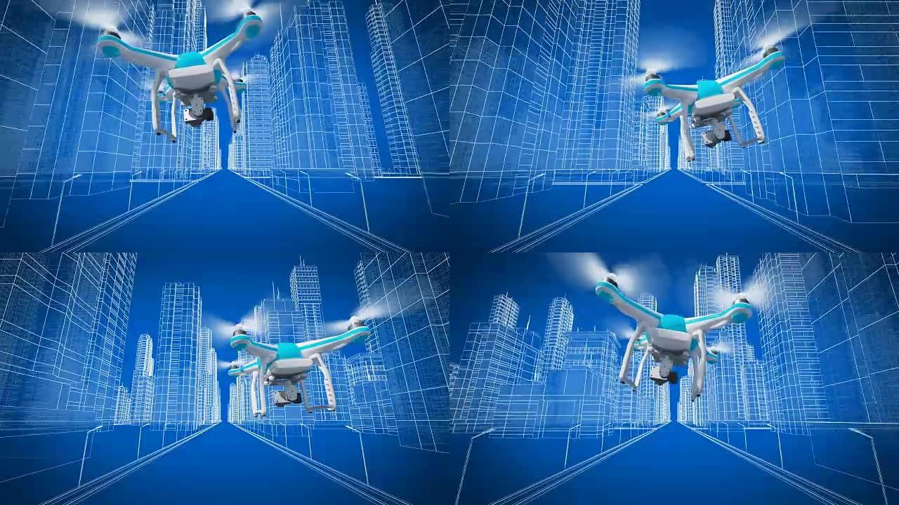 四轴飞行器拍摄视频在高塔和建筑物之间穿越城市街道。循环3d动画蓝色。商业和技术概念。
