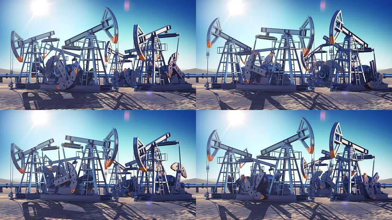 在沙漠中工作的油泵。灿烂的阳光照在蓝天上。循环3d动画。高清1080。工业和技术概念。