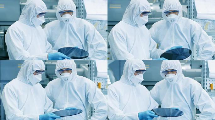 两名穿着无菌服的工程师/科学家/技术人员检查半导体硅片。他们在现代半导体制造厂工作。