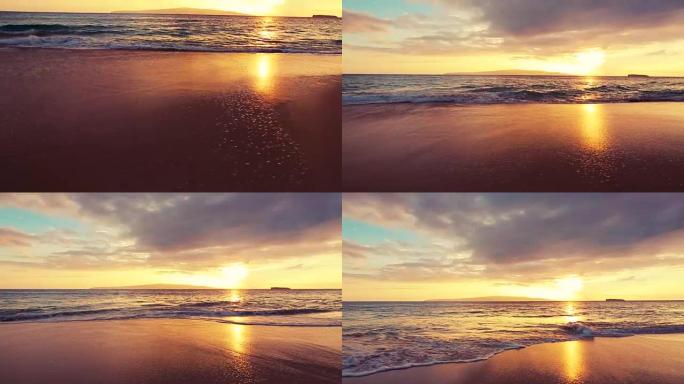美丽的沙滩日落。从沙子到日落的揭示锅