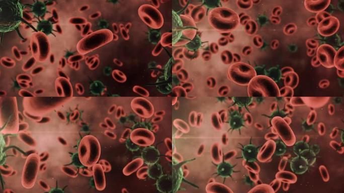 数字生成的病毒细胞和红色背景下的红色血液