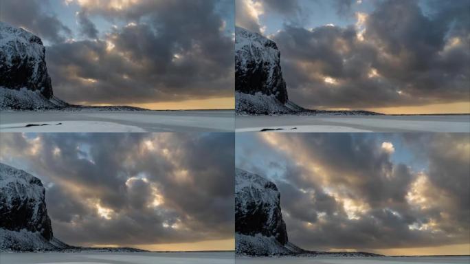 挪威罗弗滕晚上海滩的4k时间流逝，云层奇幻