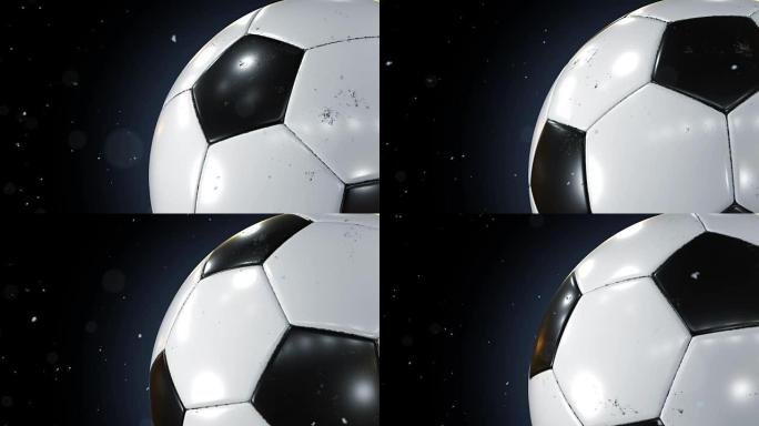 美丽的足球旋转特写镜头在黑色上慢动作，尘埃颗粒飞扬。转球的循环足球3d动画。4k UHD 3840x