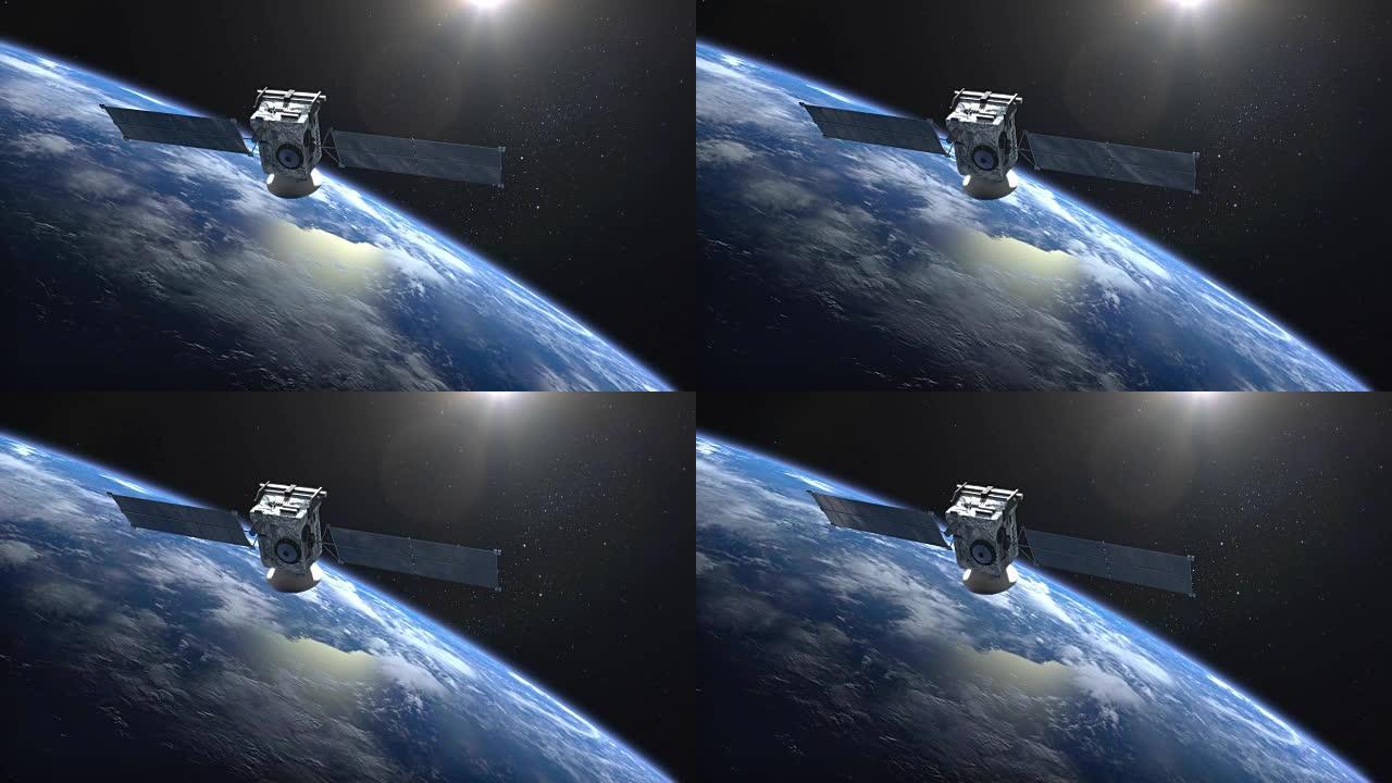卫星扫描并监视地球。卫星正在绕地球运行。摄像机拍摄卫星特写。地球的地平线向右转动。4K。