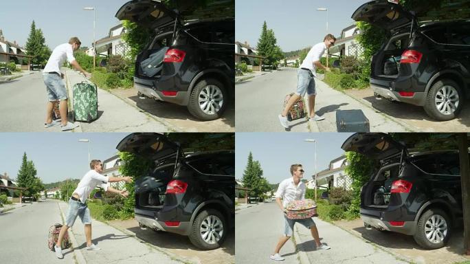 慢动作: 愚蠢的年轻人把行李扔进车里，错过了后备箱。