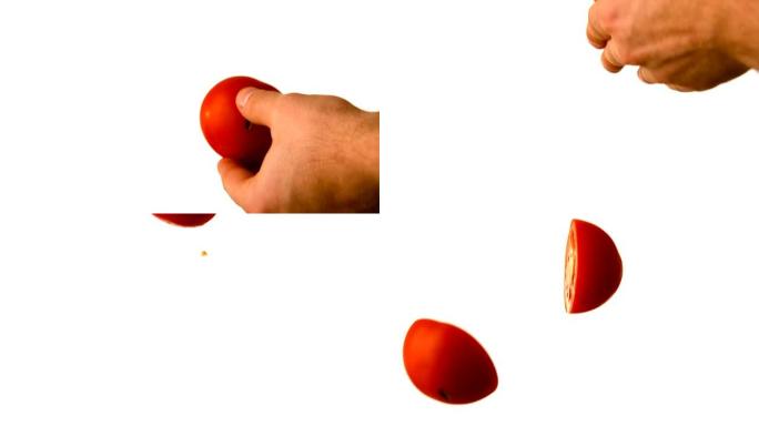 手扔番茄，用刀将其减半