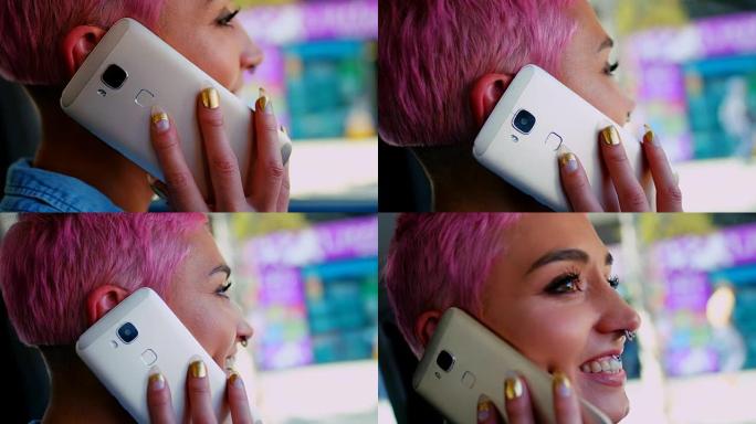 粉红色头发的女人在汽车4k上手机聊天