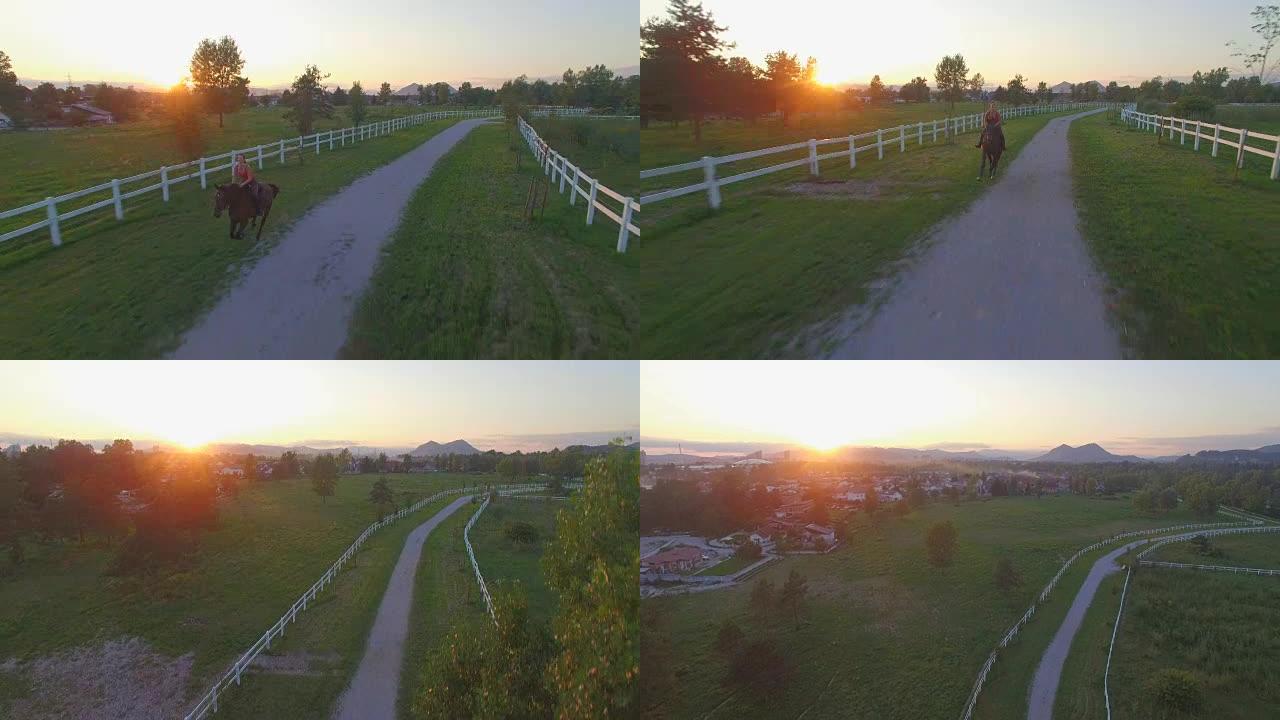 空中: 日落时分，年轻女孩在郊区小镇的田野里骑马