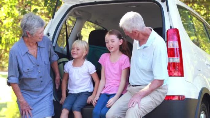 快乐的家庭坐在汽车后备箱上