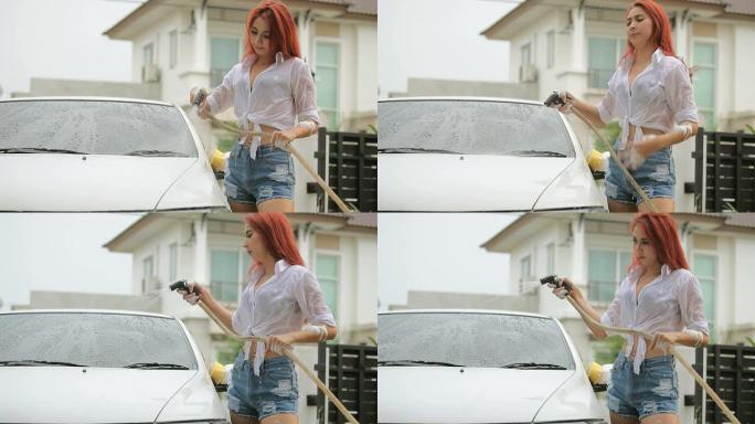 正在洗车的女人洗车的女人外国人笑脸笑容