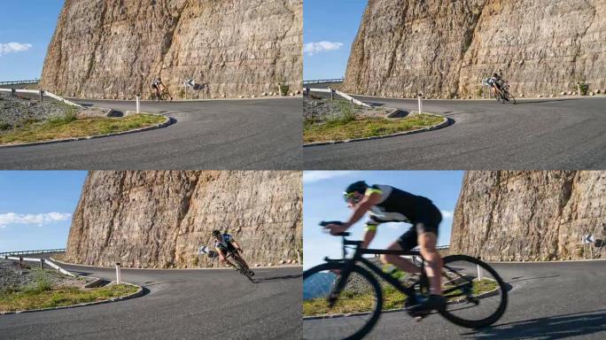 男性公路自行车手超速下坡