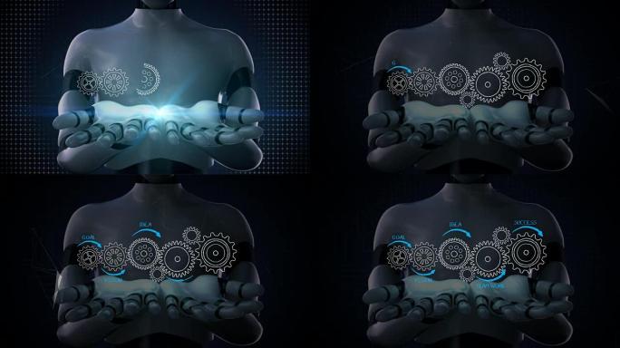 机器人，机器人打开两个手掌，用齿轮，目标，愿景，想法，团队合作，成功绘制业务概念。4k动画2。