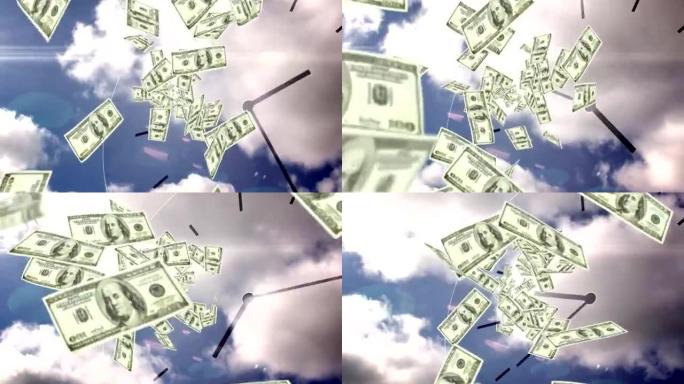 美元钞票在天空背景下下跌