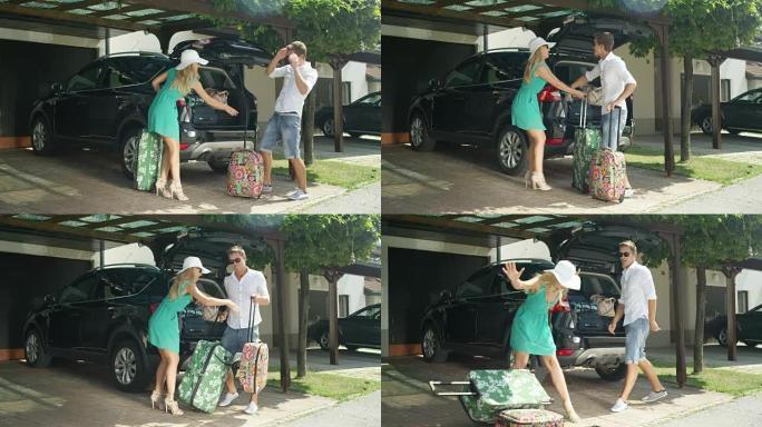 慢动作: 愤怒的夫妇为旅行打包太多行李而争吵。