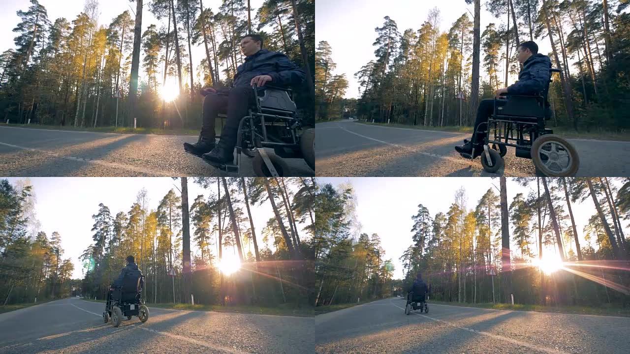 坐在电动轮椅上的残疾人开始移动