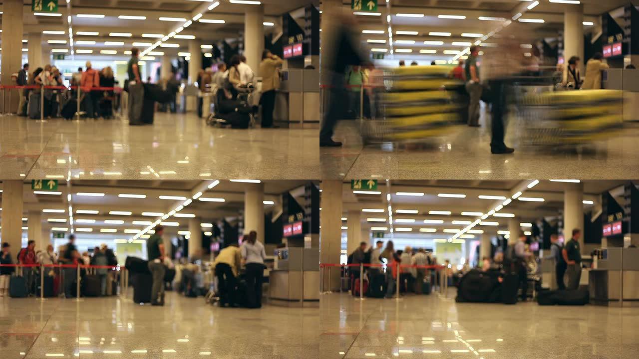 旅客拥挤在机场值机柜台大厅延时
