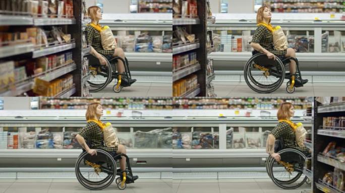 轮椅上的截瘫女士在杂货店购物