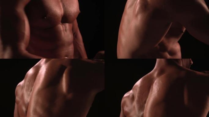裸胸男性健美运动员转向躯干并弯曲