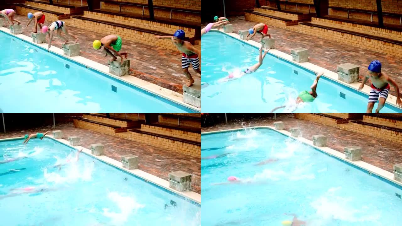 学生在游泳池游泳