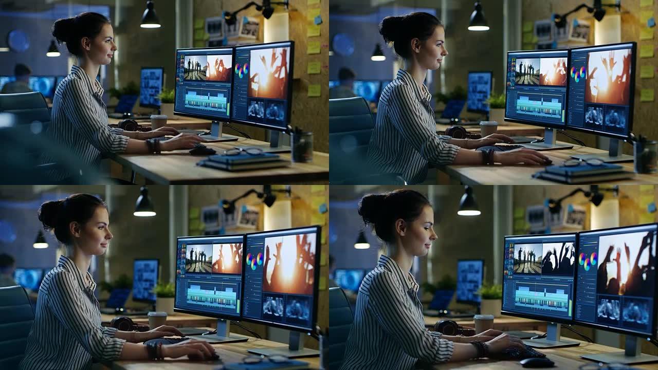 美丽的女性视频编辑器在她的个人电脑上处理镜头，她在创意办公室工作室工作。