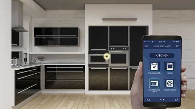 厨房家电控制在移动应用，智能手机，节能效率，烤箱，洗碗机，微波炉，通风机，智能家居控制，物联网。