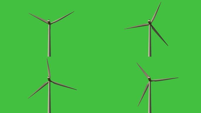 绿色屏幕背景的旋转风力涡轮机