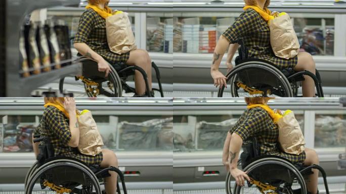 在超市里坐轮椅的截瘫妇女
