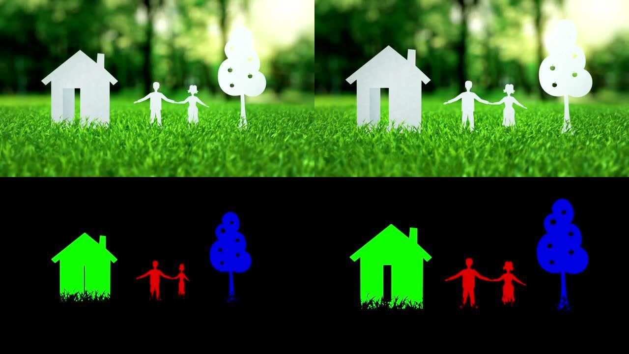 白色纸房子家谱动画关于绿色尼斯夏天草抵押概念