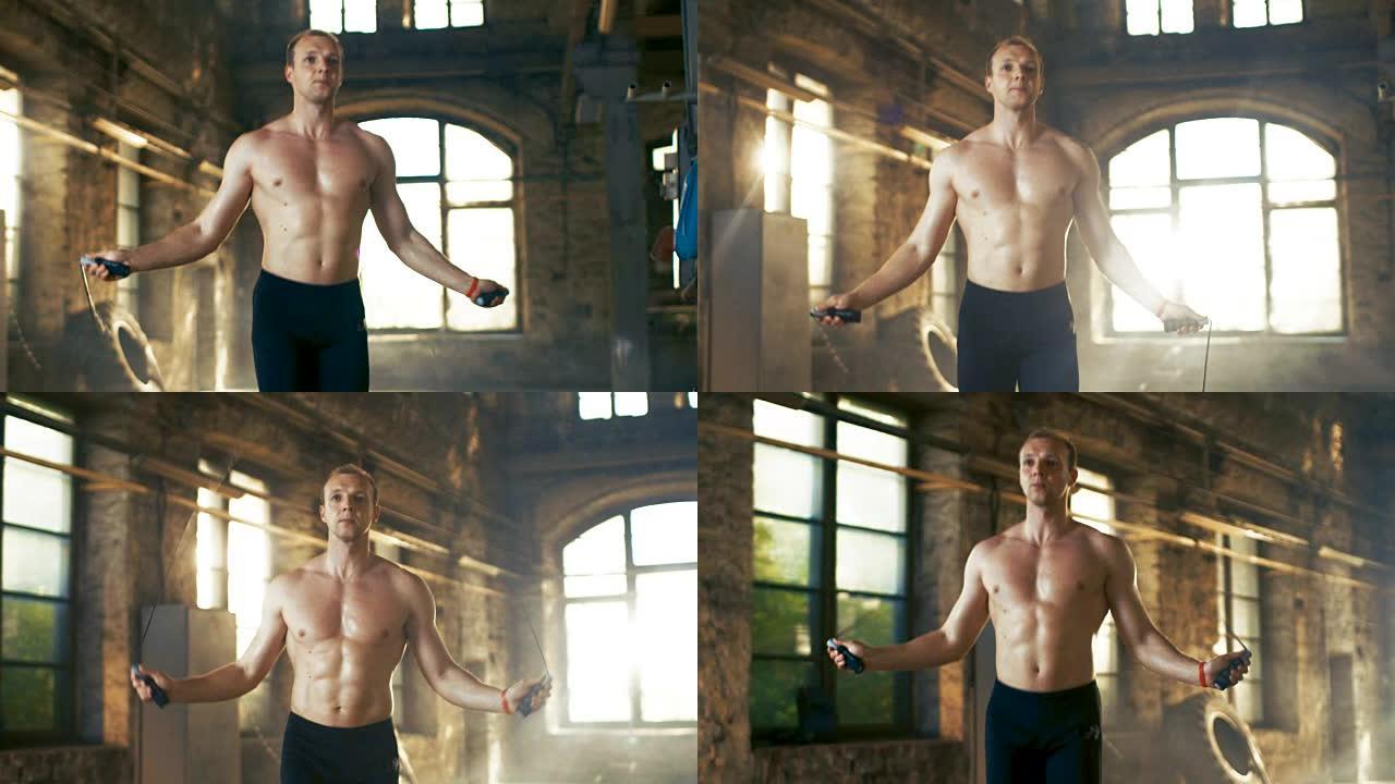 肌肉裸男在一个废弃的硬核健身房用跳绳锻炼。他从他的健身训练中满身是汗。