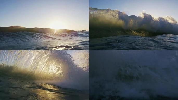 惊人的反冲空海浪在日落时坠毁