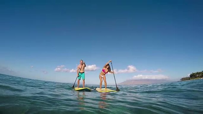 幸福的夫妇站起来划桨冲浪，夏季运动