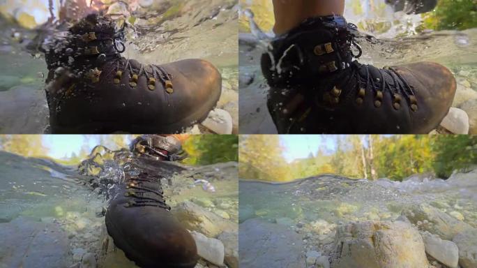 慢动作，特写: 远足靴为女性徒步旅行者提供可靠的立足点。