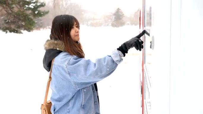 亚洲妇女从雪地自动售货机购买罐装饮料