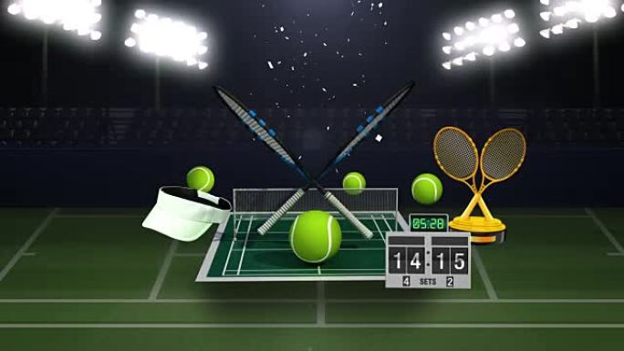 浮动网球图标，球拍，球，网球场。