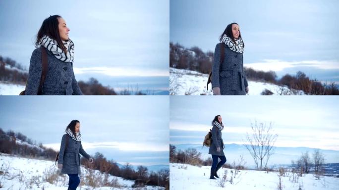 冬季散步的女旅行者