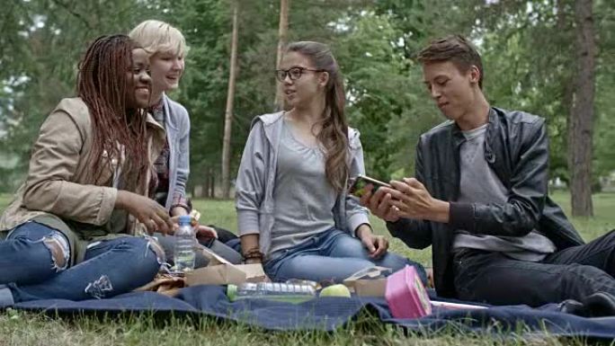开朗的青少年在野餐时在智能手机上自拍